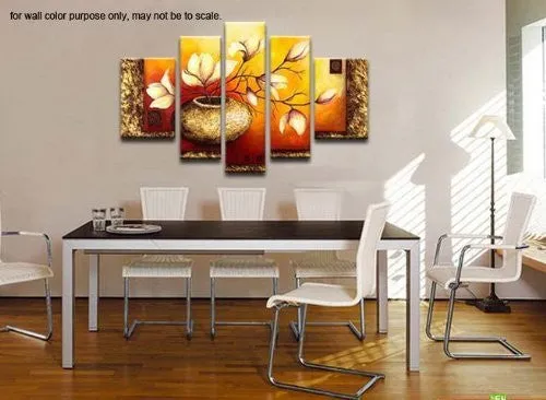 WIECO ART - LARGE GOLDEN BOTTLE ELEGANT FLOWERS MODERN 5 PANELS 100% HAND PAINTED GALLERY WRAPPED FLORAL OIL PAINTINGS ON CANVAS WALL ART READY TO HANG FOR LIVING ROOM BEDROOM HOME DECORATIONS L