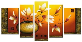 WIECO ART - LARGE GOLDEN BOTTLE ELEGANT FLOWERS MODERN 5 PANELS 100% HAND PAINTED GALLERY WRAPPED FLORAL OIL PAINTINGS ON CANVAS WALL ART READY TO HANG FOR LIVING ROOM BEDROOM HOME DECORATIONS L