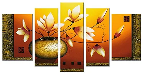 WIECO ART - LARGE GOLDEN BOTTLE ELEGANT FLOWERS MODERN 5 PANELS 100% HAND PAINTED GALLERY WRAPPED FLORAL OIL PAINTINGS ON CANVAS WALL ART READY TO HANG FOR LIVING ROOM BEDROOM HOME DECORATIONS L